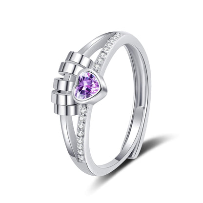 Heart-shaped diamond ring for women in white, purple, blue, and lvzuan. Adjustable copper band with electroplating for durability and elegance