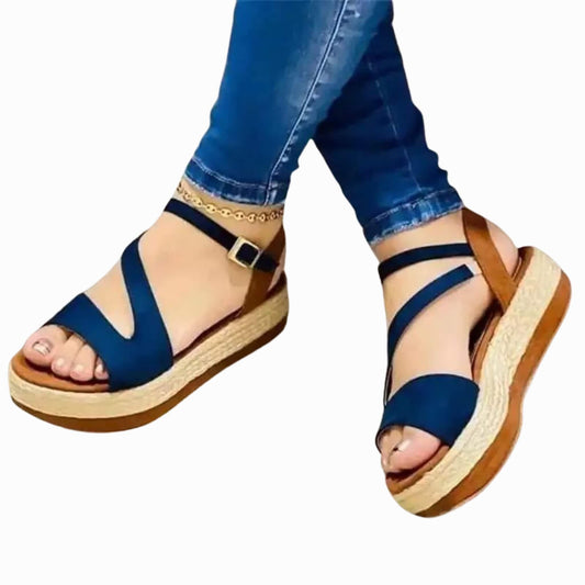 Hollow Buckle Platform Sandals for Women, Round Toe, PU Upper, Roman Style, Available in White, Black, Blue, Sizes 35-43