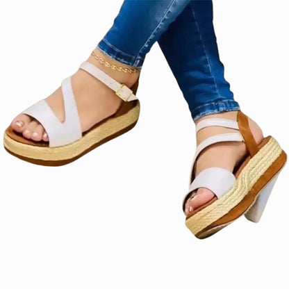 Hollow Buckle Platform Sandals for Women, Round Toe, PU Upper, Roman Style, Available in White, Black, Blue, Sizes 35-43