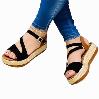 Hollow Buckle Platform Sandals for Women, Round Toe, PU Upper, Roman Style, Available in White, Black, Blue, Sizes 35-43