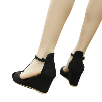 Hollow wedge sandals for women with fairy style, buckle, and color block design. Comfortable TPR sole and stylish high heels for summer. Available in various sizes