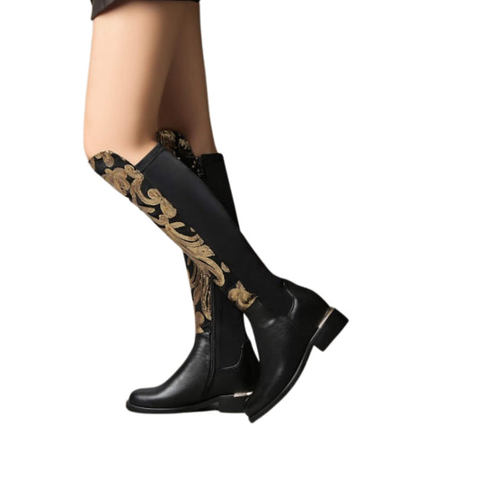 Women's knight boots made of first layer cowhide leather with a round toe, thick heel (3-5CM), sequin details, and high tube for a bold look