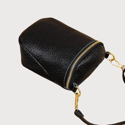 Korean Leather Phone Bag with adjustable crossbody strap, black and beige colors, made from high-quality head layer cowhide, perfect for everyday use