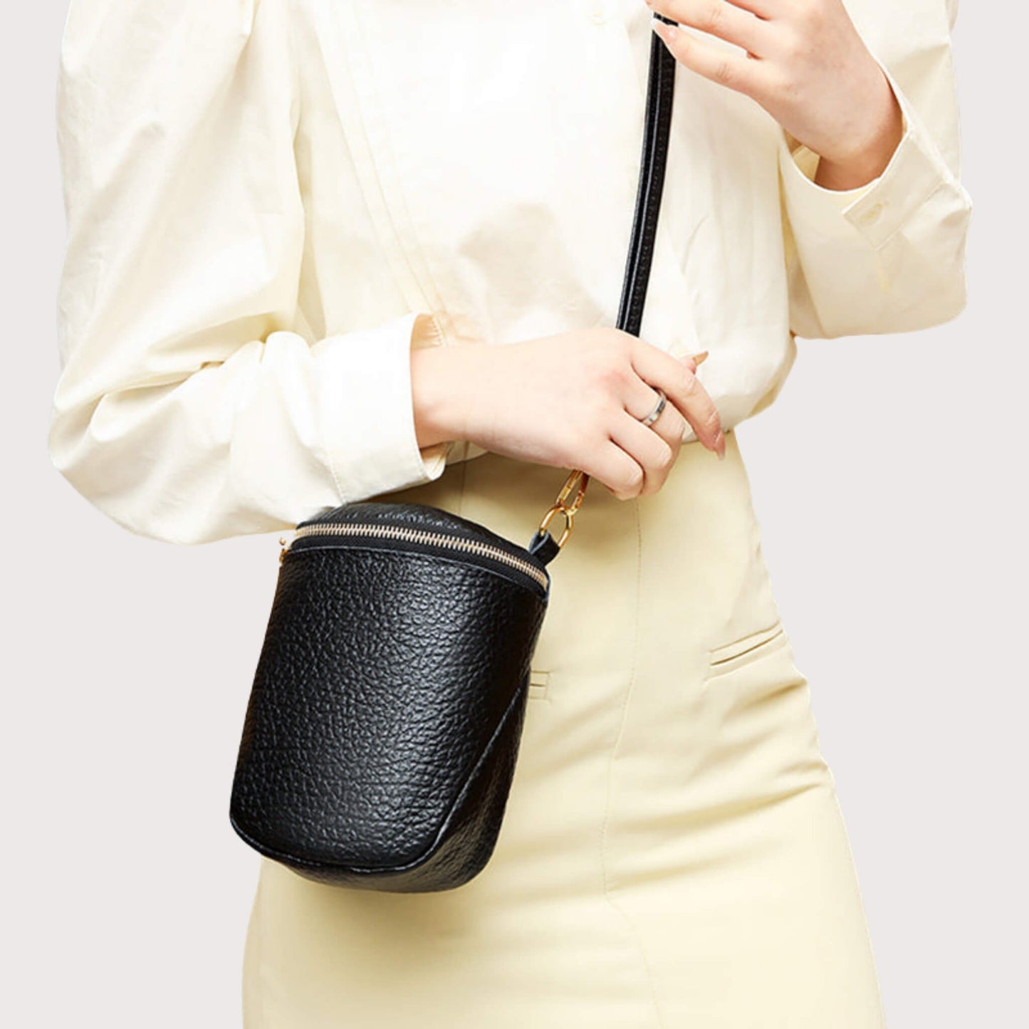 Korean Leather Phone Bag with adjustable crossbody strap, black and beige colors, made from high-quality head layer cowhide, perfect for everyday use