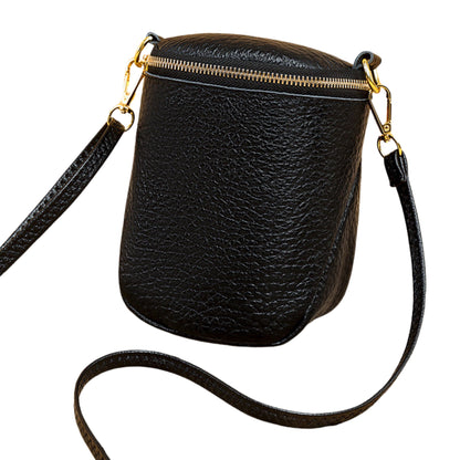 Korean Leather Phone Bag with adjustable crossbody strap, black and beige colors, made from high-quality head layer cowhide, perfect for everyday use