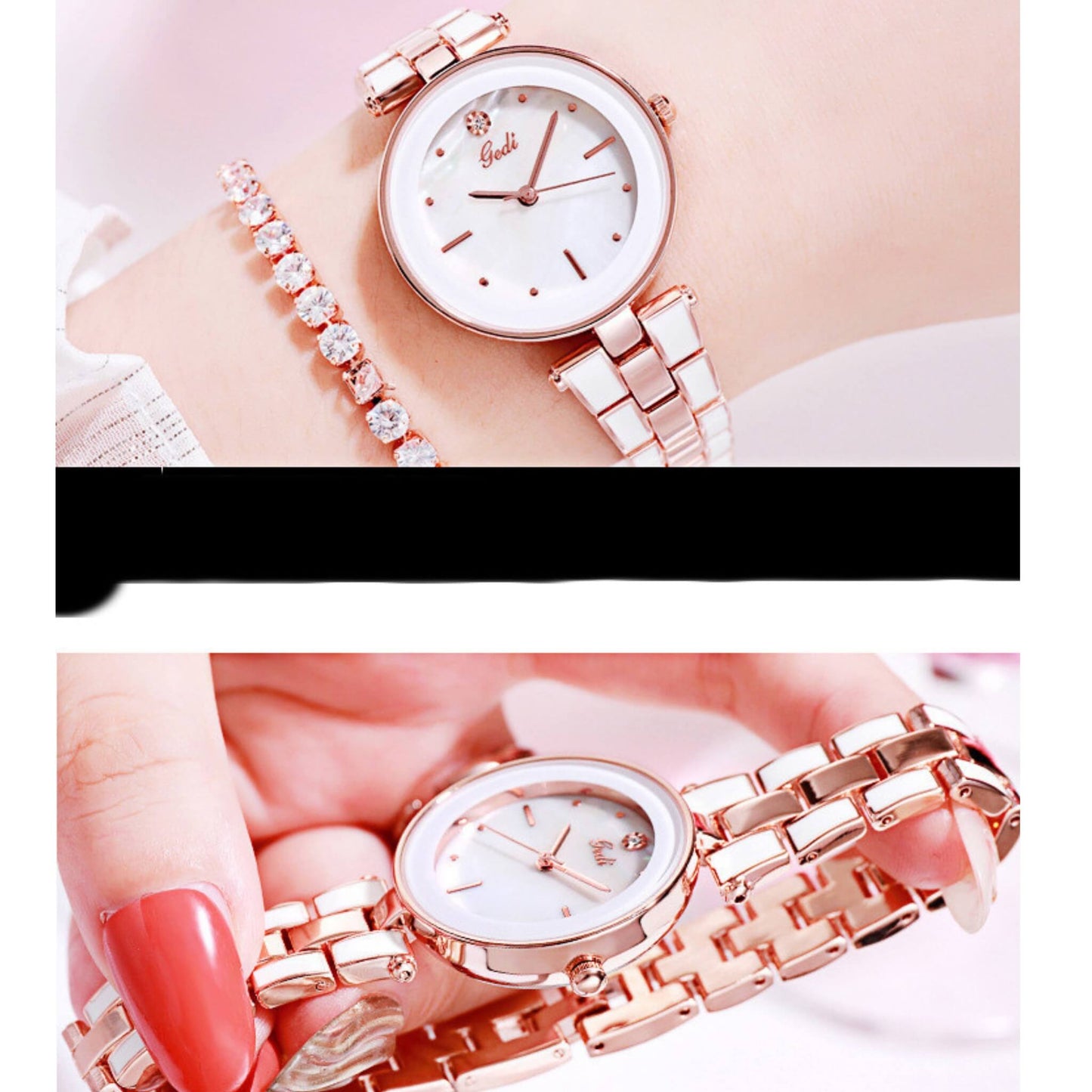 Korean style white quartz watch with a round dial, stainless steel strap, screw crown, and reliable PC21 movement. Elegant and durable for daily use