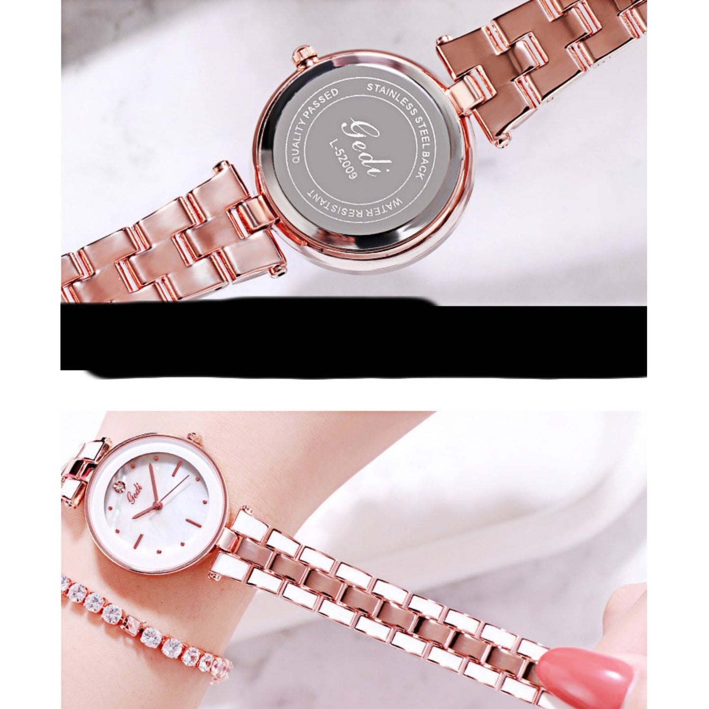 Korean style white quartz watch with a round dial, stainless steel strap, screw crown, and reliable PC21 movement. Elegant and durable for daily use