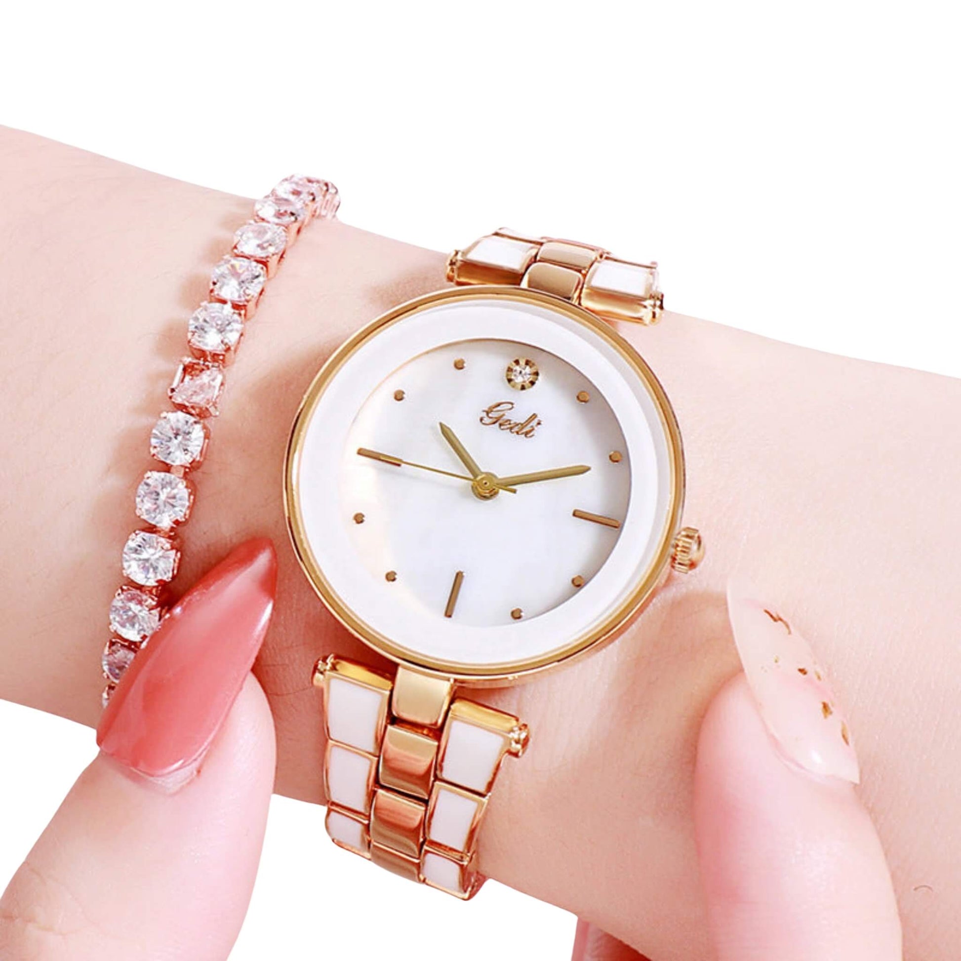 Korean style white quartz watch with a round dial, stainless steel strap, screw crown, and reliable PC21 movement. Elegant and durable for daily use