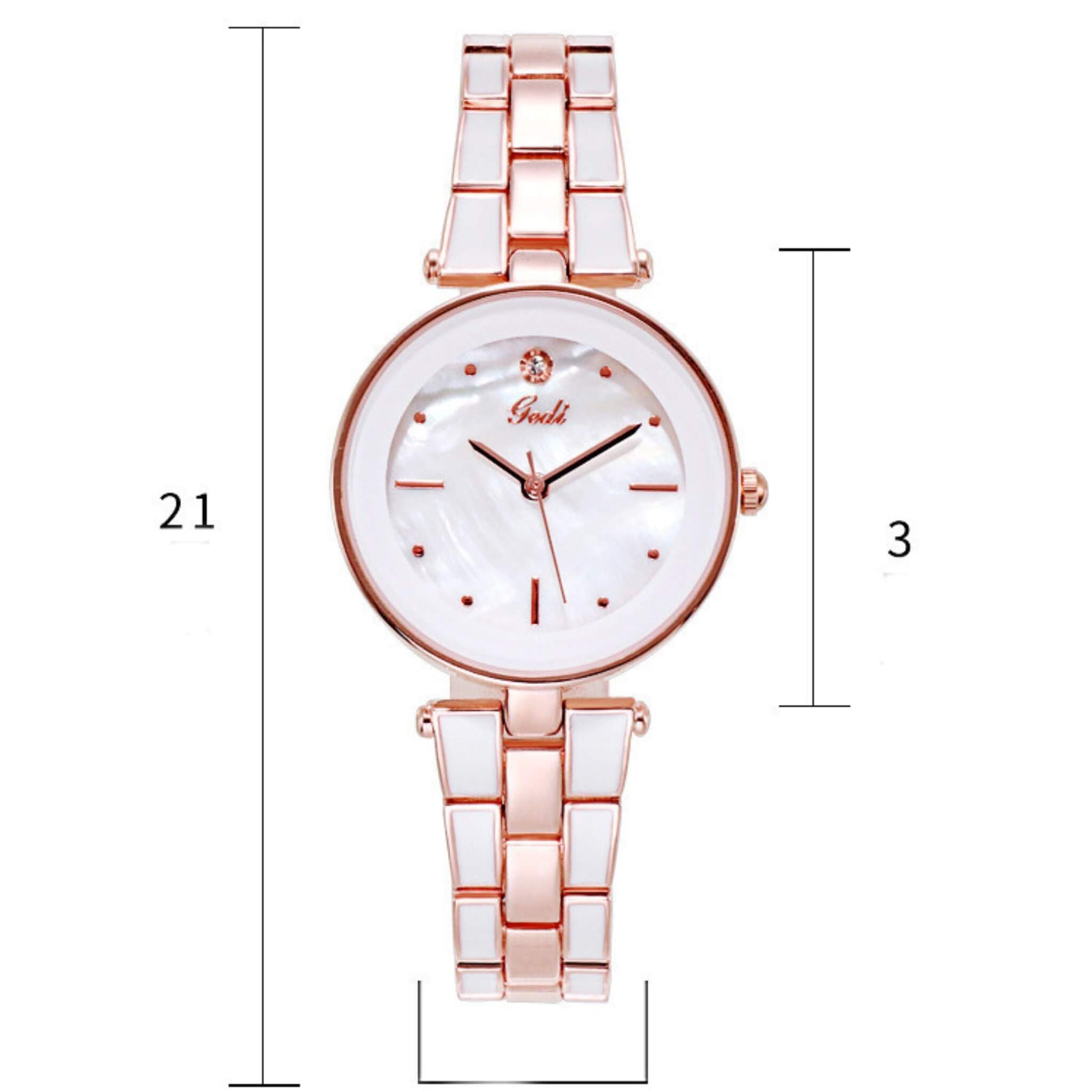 Korean style white quartz watch with a round dial, stainless steel strap, screw crown, and reliable PC21 movement. Elegant and durable for daily use