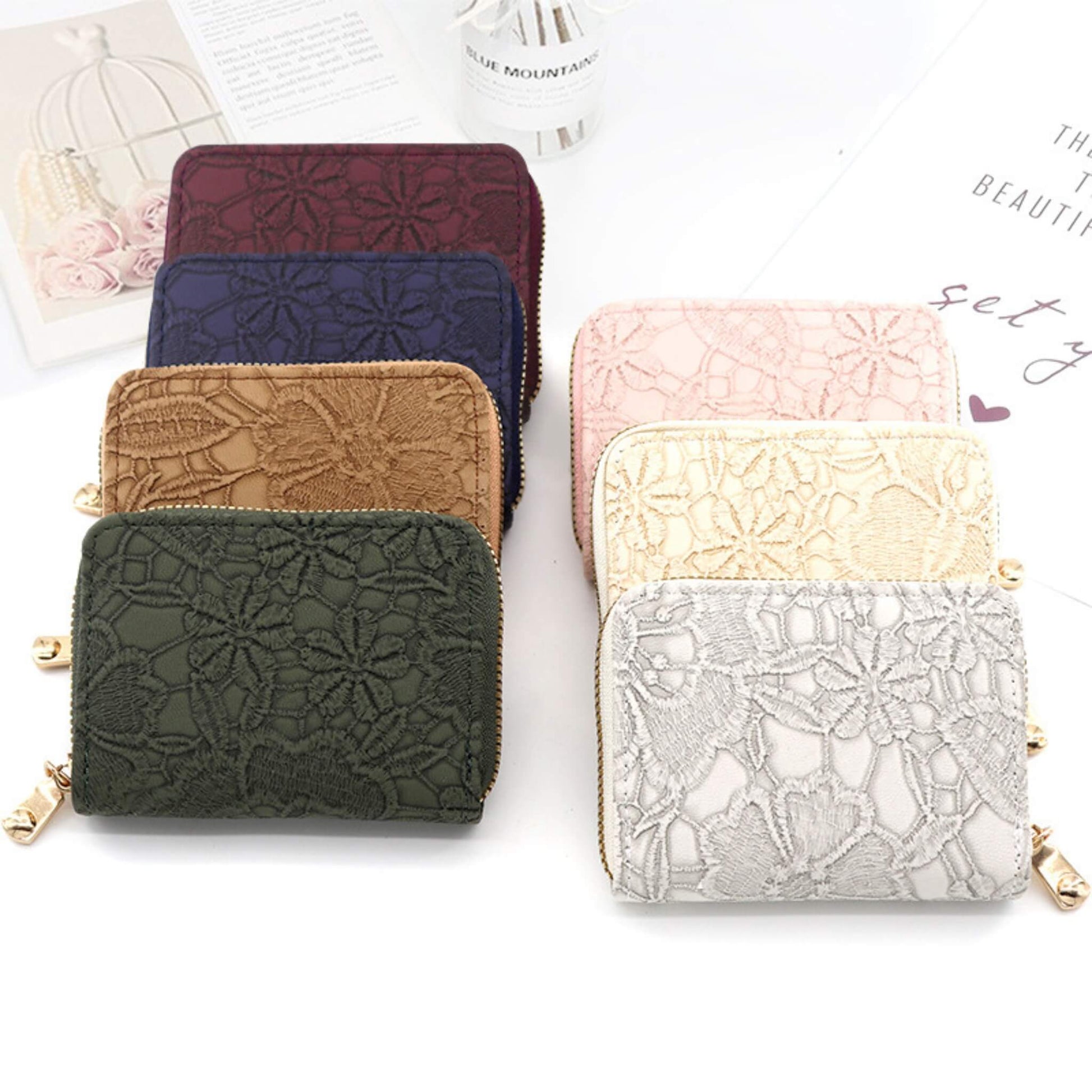 Lace Pattern Coin Purse, PU material, 9 card slots, 2 coin pockets, waterproof, anti-theft, women’s wallet in dark blue, wine red, khaki, and more colors