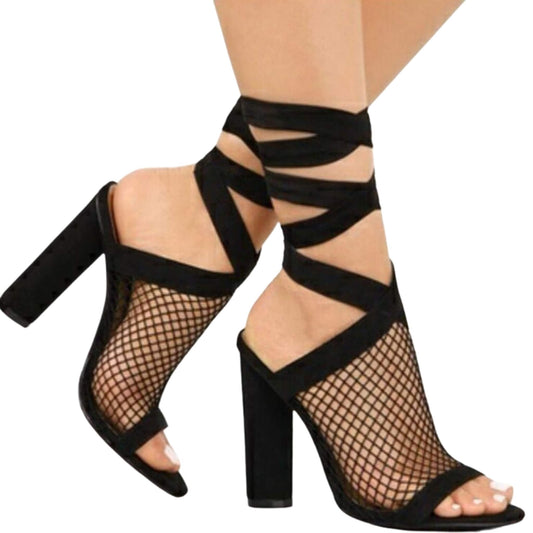 Lace Up Bandage High Heel Sandals with ankle strap, super high 8cm square heel, flock upper, rubber outsole. Perfect for party occasions