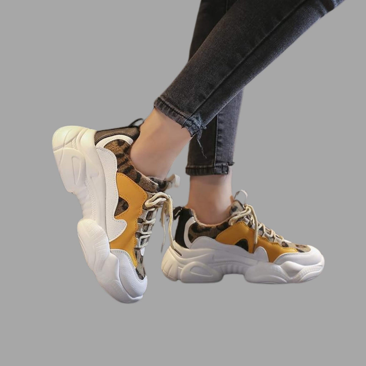 Leopard women's sneakers with lace-up closure, polyurethane sole, and cattle suede upper, available in sizes 34-39 for sports and casual wear