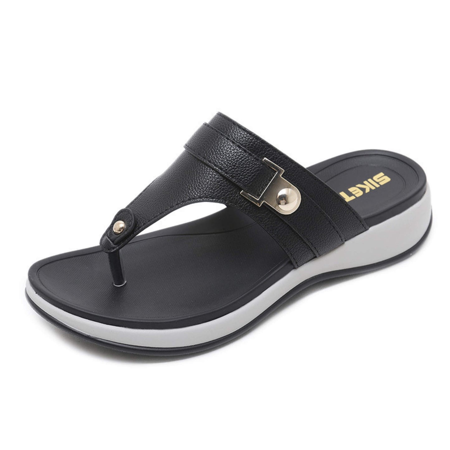 Lightweight wedge sandals with buckle, metal accents, artificial PU upper, microfiber inner, available in black, pink, and gray, sizes 35-42 for women