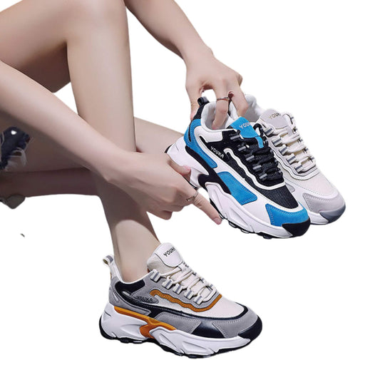 Breathable mesh casual sneakers for women in beige, blue, and gray with color-matching design and PU material for comfort and style