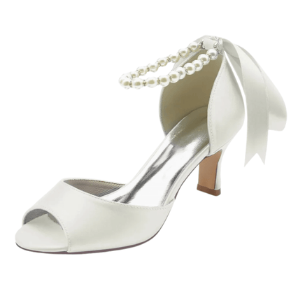 Chunky Heel Pearl Chain Ribbon High Heels for Women