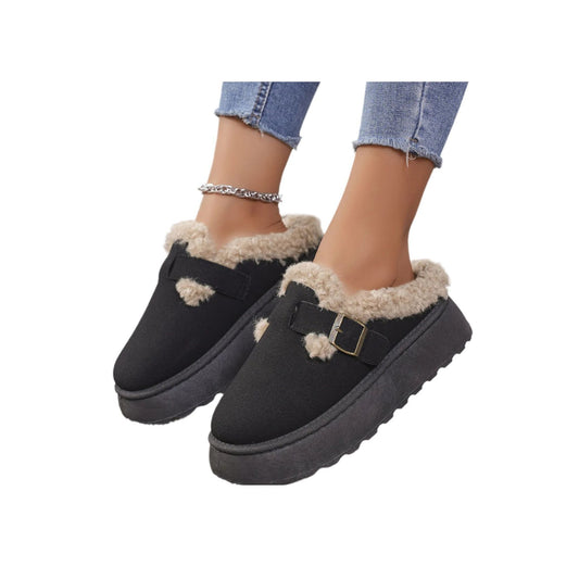 Plushed buckle cotton slippers for women, cozy indoor slip-on shoes with soft lining and adjustable buckle strap