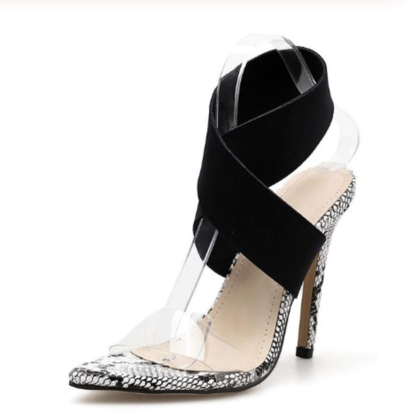 Women's snake print Roman heels with 8CM non-slip sandals, fish mouth design. Available in white and brown snake. Durable and wear-resistant for comfort