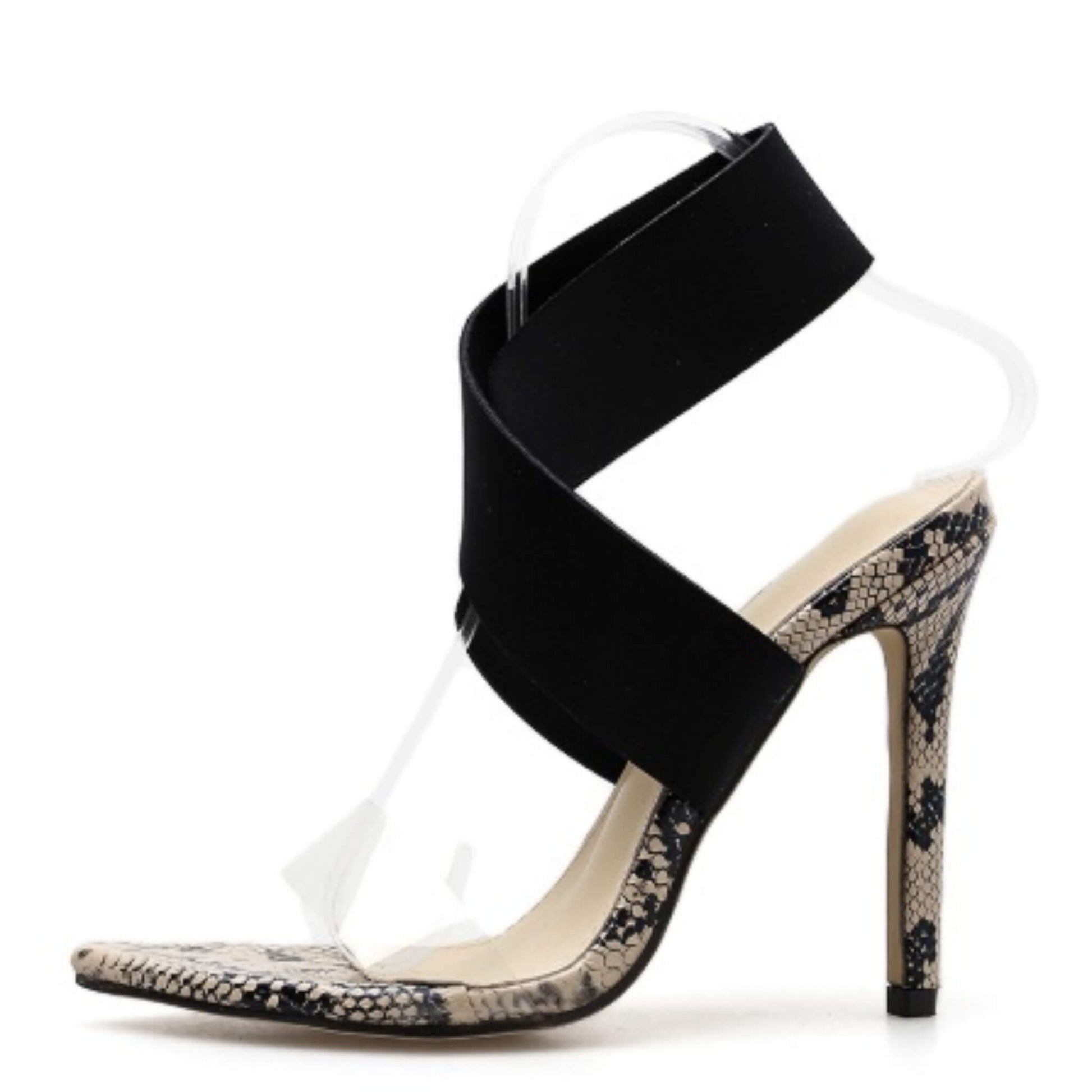 Women's snake print Roman heels with 8CM non-slip sandals, fish mouth design. Available in white and brown snake. Durable and wear-resistant for comfort