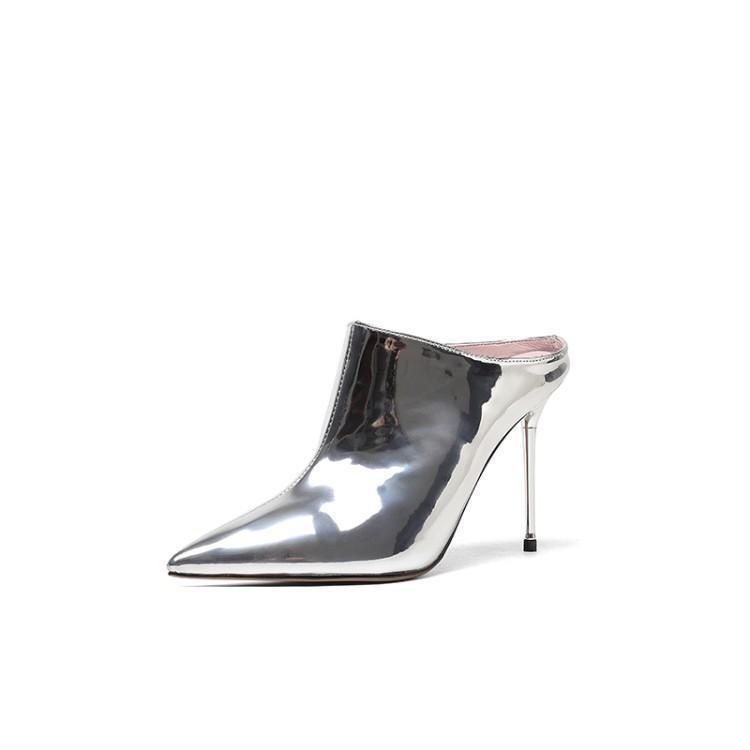 Stiletto High Heels Pointed Toe Silver Patent Leather Toe Cap Iron Heel Sandals And Slippers