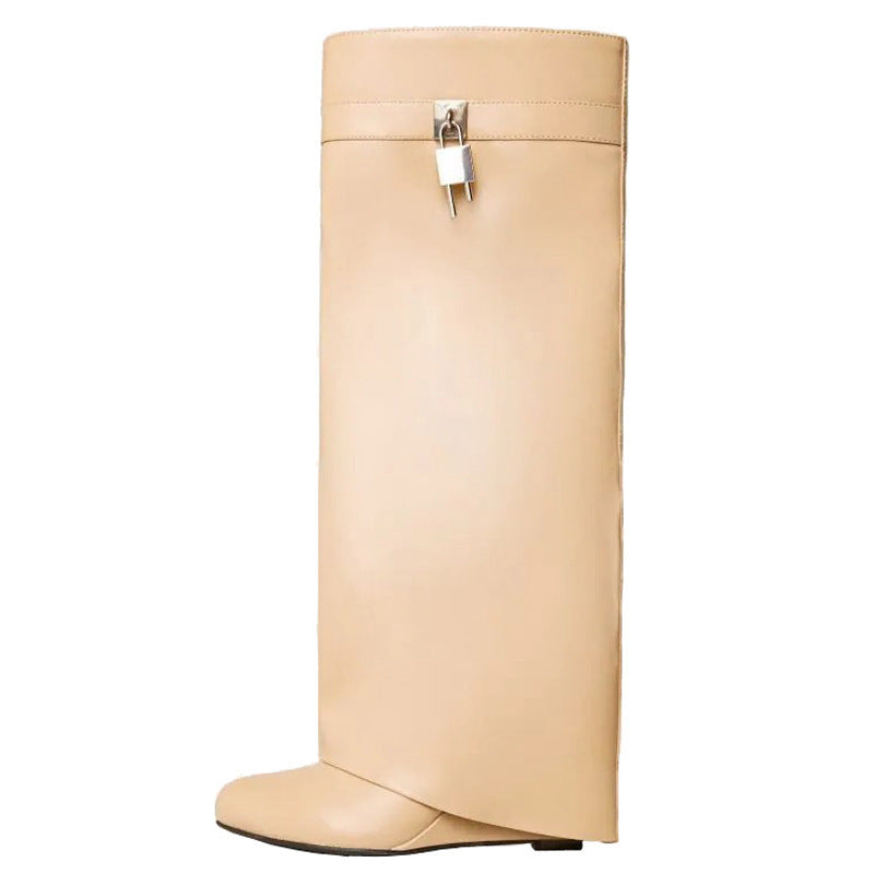 Retro Large Tube Pointed High Heel Metal Lock Wedge Pants Boots