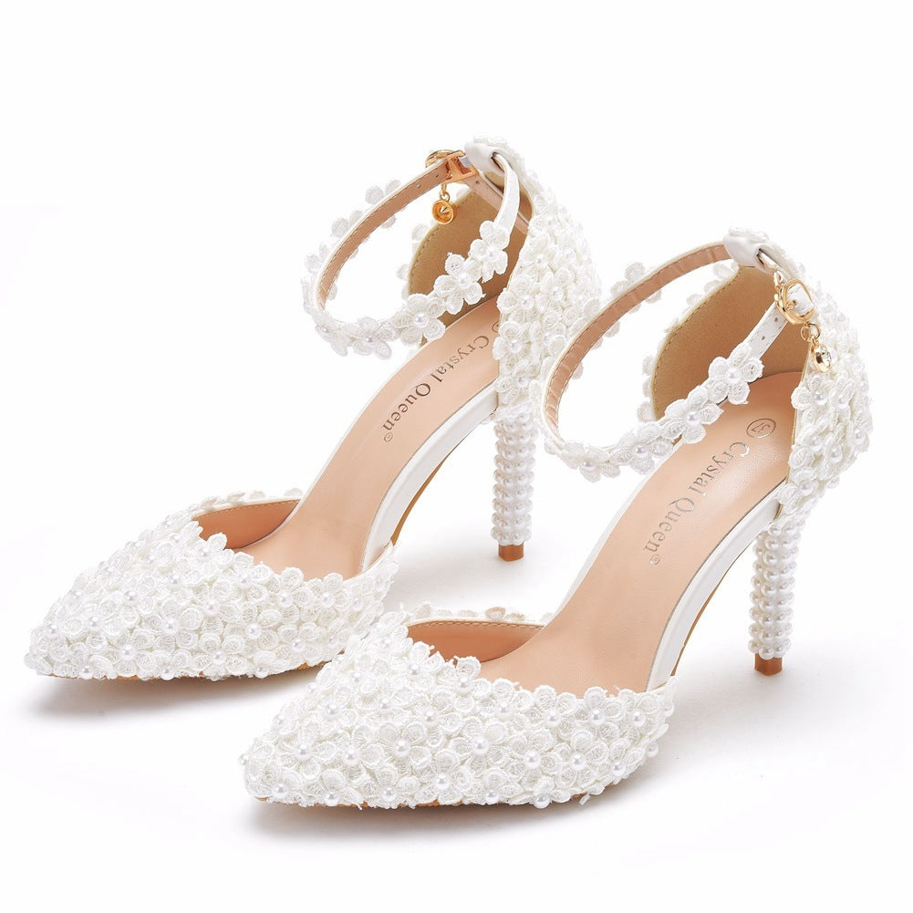 Pointed Toe High Heel Wedding Shoes Stiletto Heel Lace Sandals