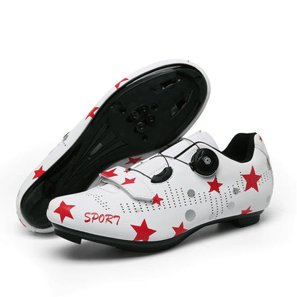 Bicycle lock shoes for men and women, breathable, non-slip, wear-resistant, and lightweight. Available in black and white, sizes 36-46, road and rubber models