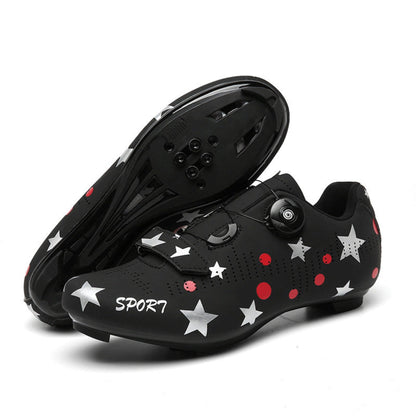 Bicycle lock shoes for men and women, breathable, non-slip, wear-resistant, and lightweight. Available in black and white, sizes 36-46, road and rubber models