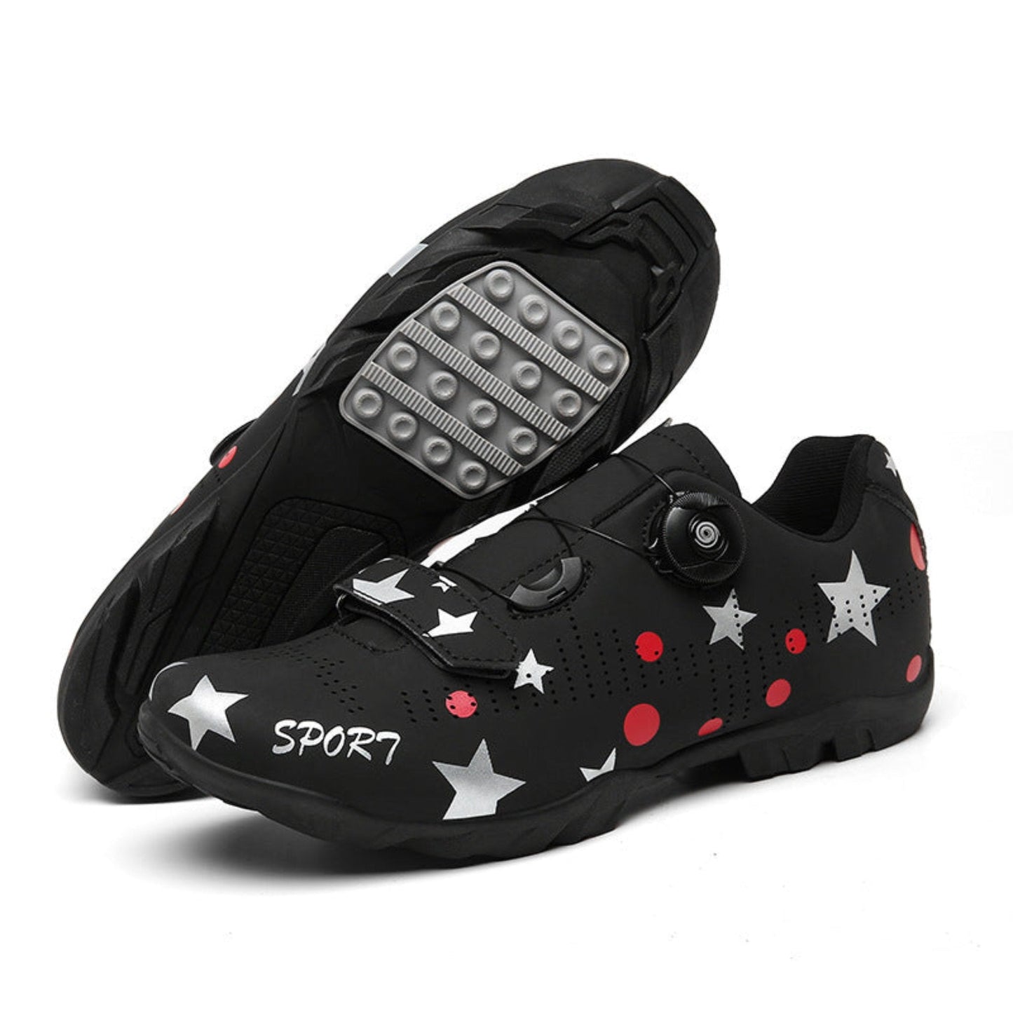 Bicycle lock shoes for men and women, breathable, non-slip, wear-resistant, and lightweight. Available in black and white, sizes 36-46, road and rubber models