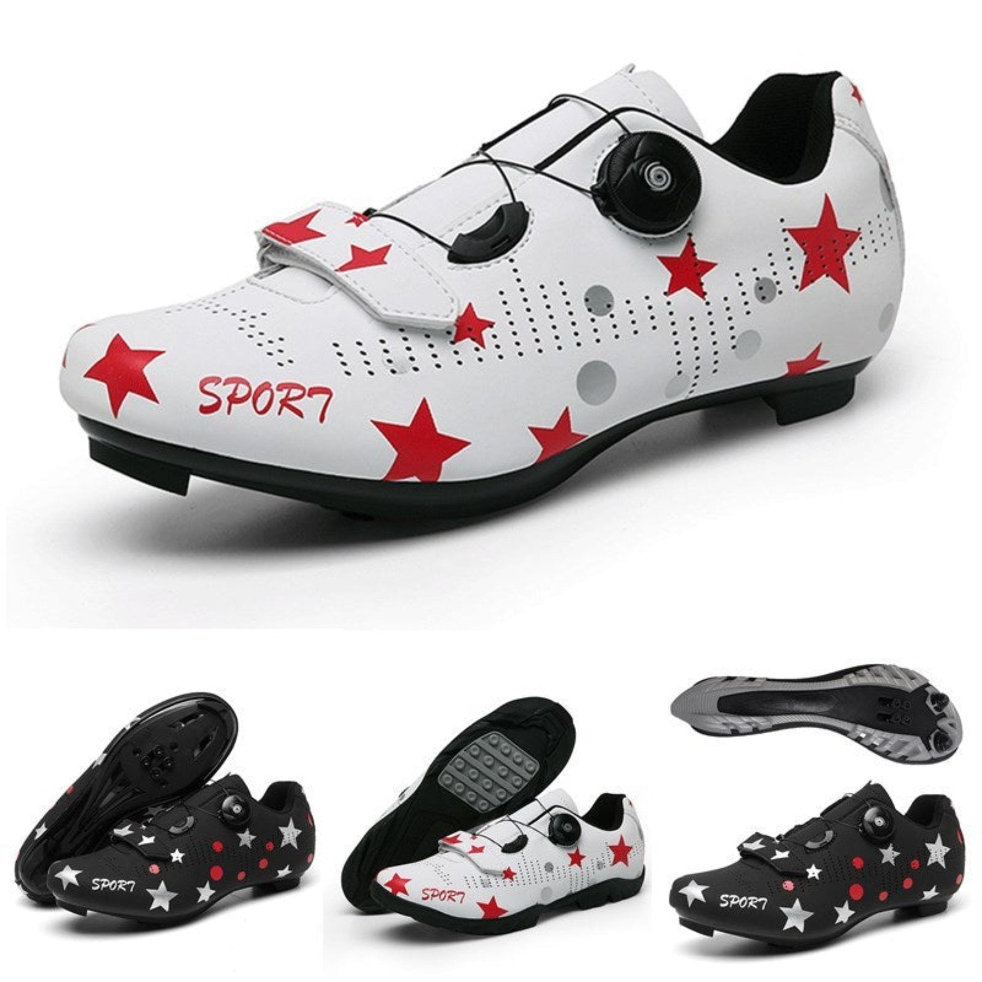 Bicycle lock shoes for men and women, breathable, non-slip, wear-resistant, and lightweight. Available in black and white, sizes 36-46, road and rubber models