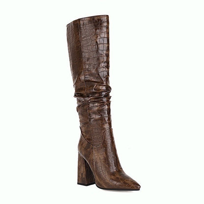 Block - heeled High - heeled High Boots With Embossed Leather Pointed Toe