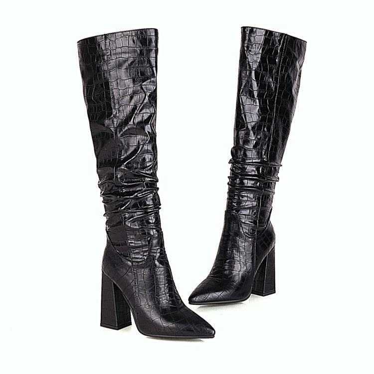 Block - heeled High - heeled High Boots With Embossed Leather Pointed Toe