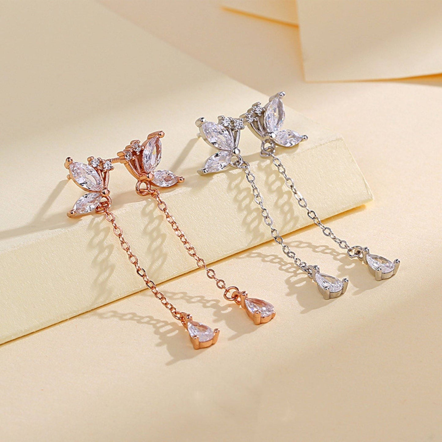 Butterfly Zircon Tassel Earrings S925 | Rose & White Gold