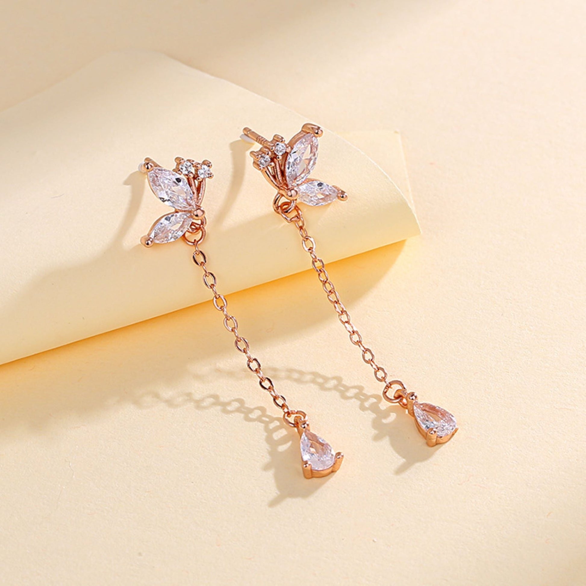 Butterfly Zircon Tassel Earrings S925 | Rose & White Gold