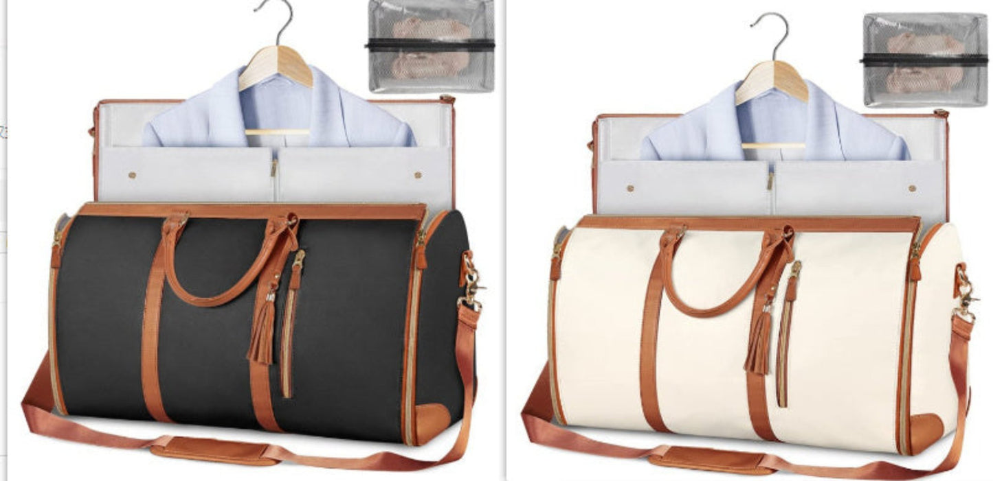 Stylish waterproof duffle handbag with multiple pockets and zippers, resting on a sandy beach, perfect for travel adventures