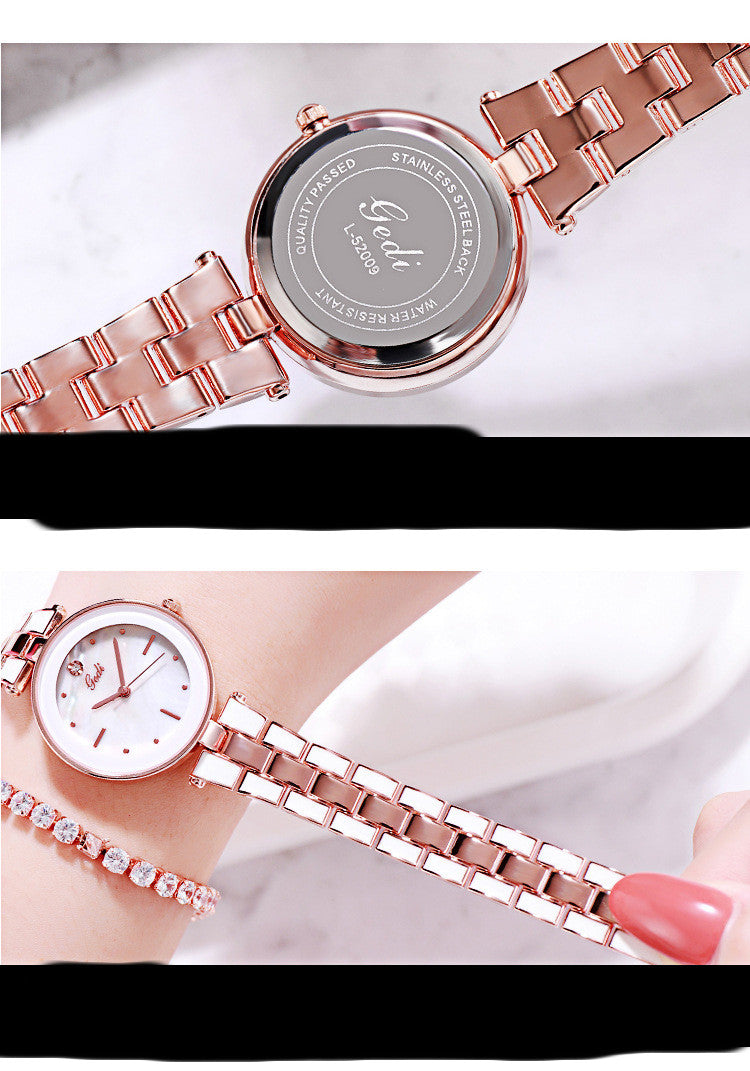 Korean style white quartz watch, elegant timepiece featuring a minimalist design with a white dial and sleek strap for a chic look