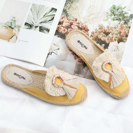 Baotou Straw Sandals for Women - Canvas Upper, Cowhide Leather Sole