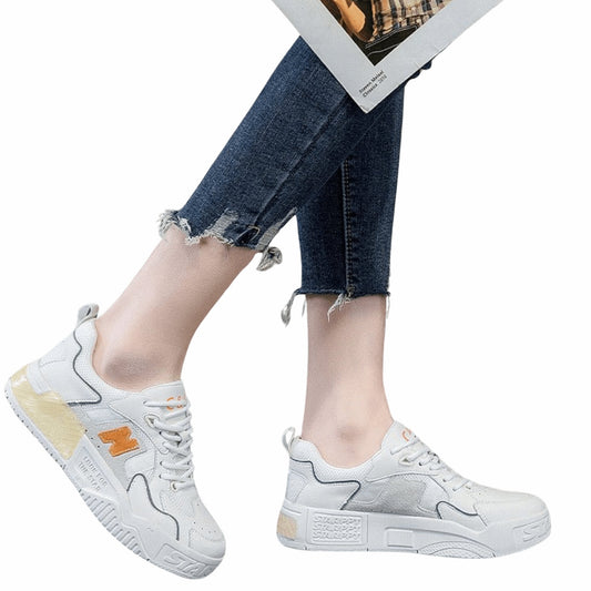 Women's casual all-match sneakers with cross straps, round toe, middle heel, and leather upper. Ideal for spring fashion