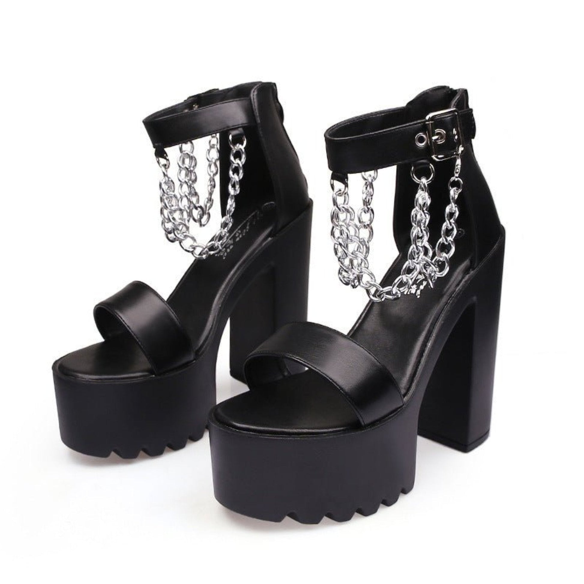 14cm chunky waterproof platform pole dance heels with fish mouth design, rivets, zipper, and black & white color options. Ideal for performance and style