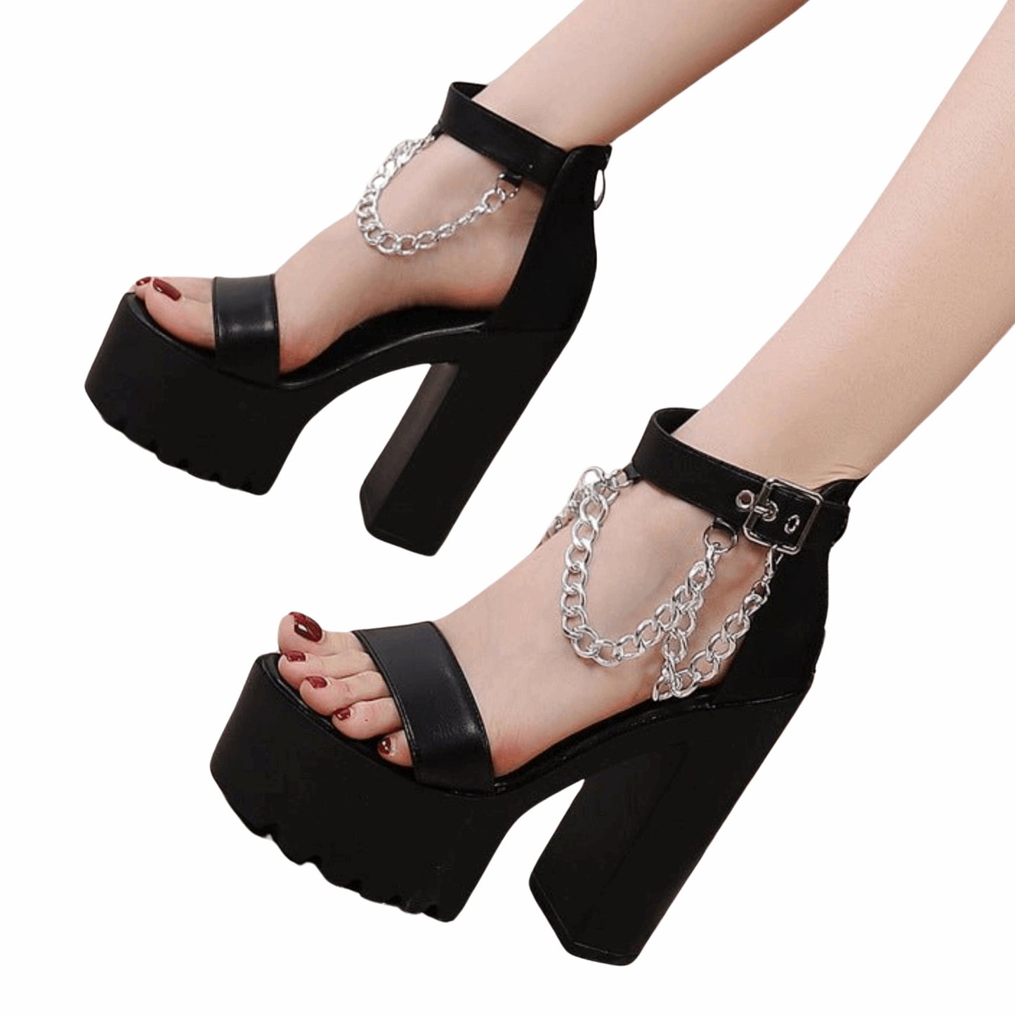 14cm chunky waterproof platform pole dance heels with fish mouth design, rivets, zipper, and black & white color options. Ideal for performance and style