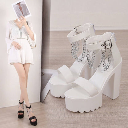 14cm chunky waterproof platform pole dance heels with fish mouth design, rivets, zipper, and black & white color options. Ideal for performance and style