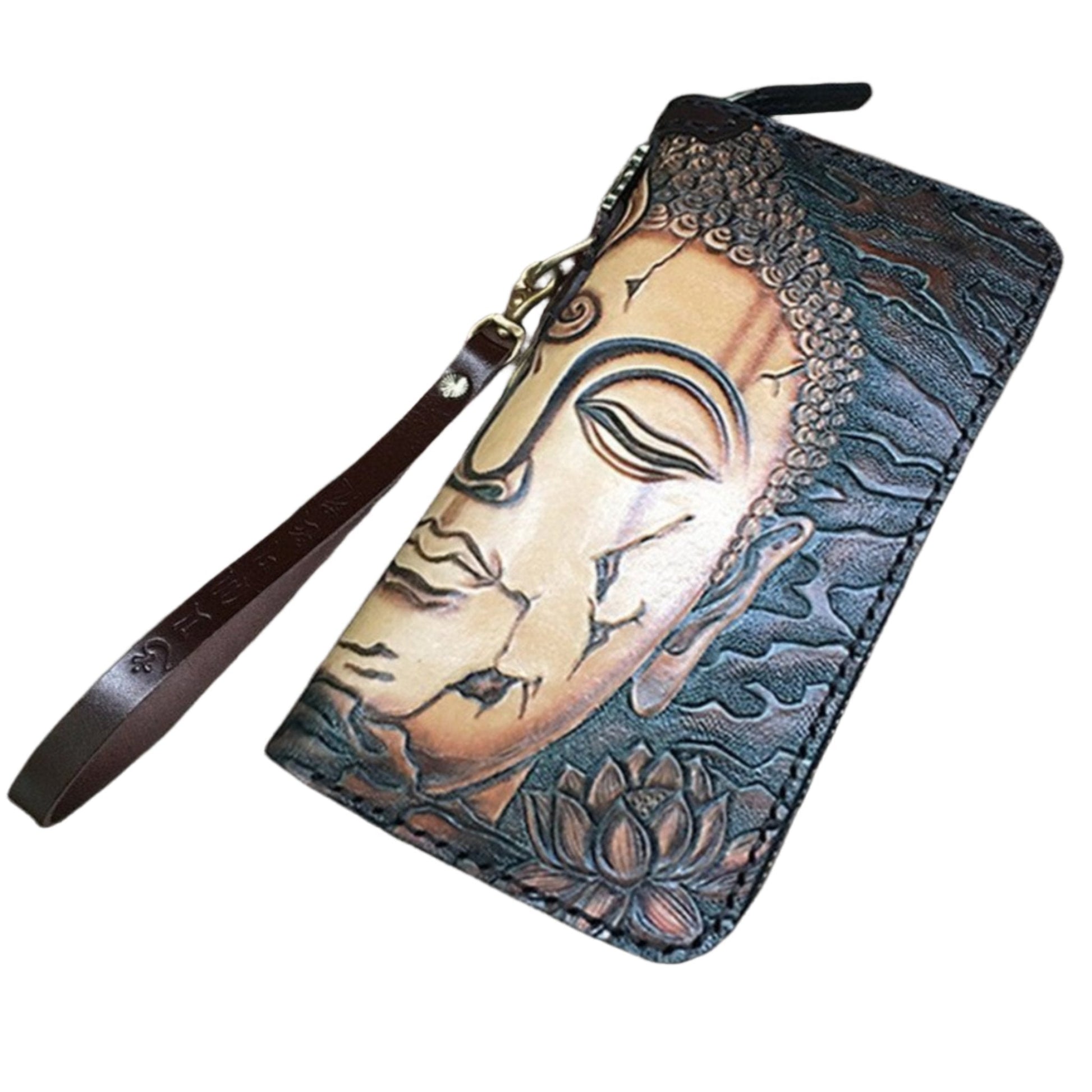 Hand-carved leather wallet with floral pattern, made from genuine first-layer cowhide, adjustable size, perfect for daily use