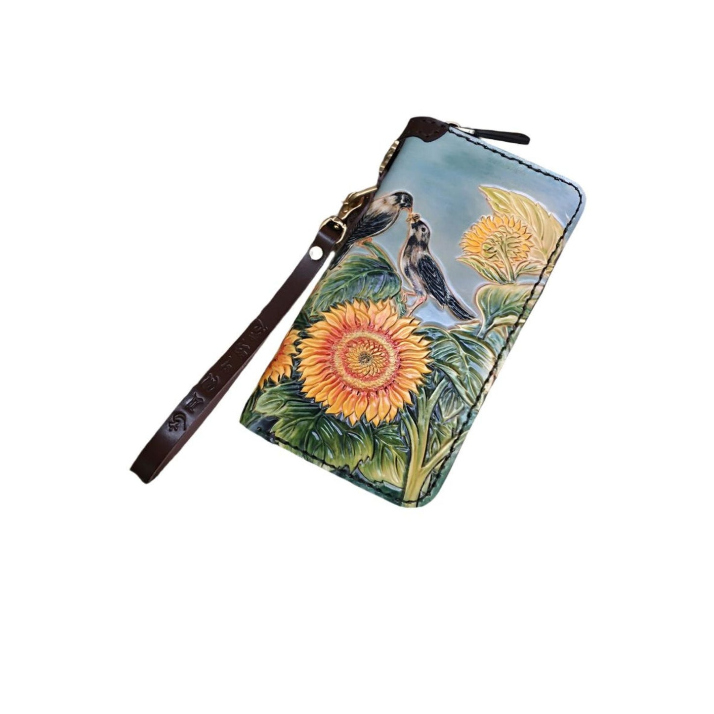 Hand-carved leather wallet with floral pattern, made from genuine first-layer cowhide, adjustable size, perfect for daily use