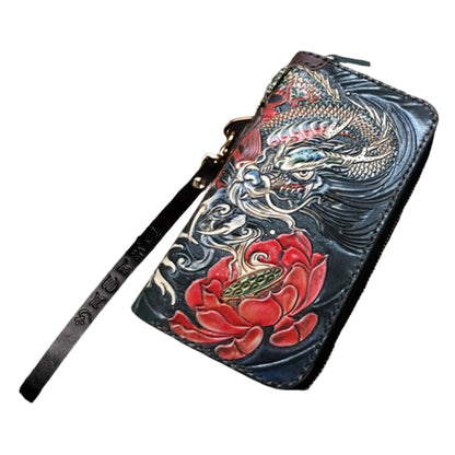 Hand-carved leather wallet with floral pattern, made from genuine first-layer cowhide, adjustable size, perfect for daily use