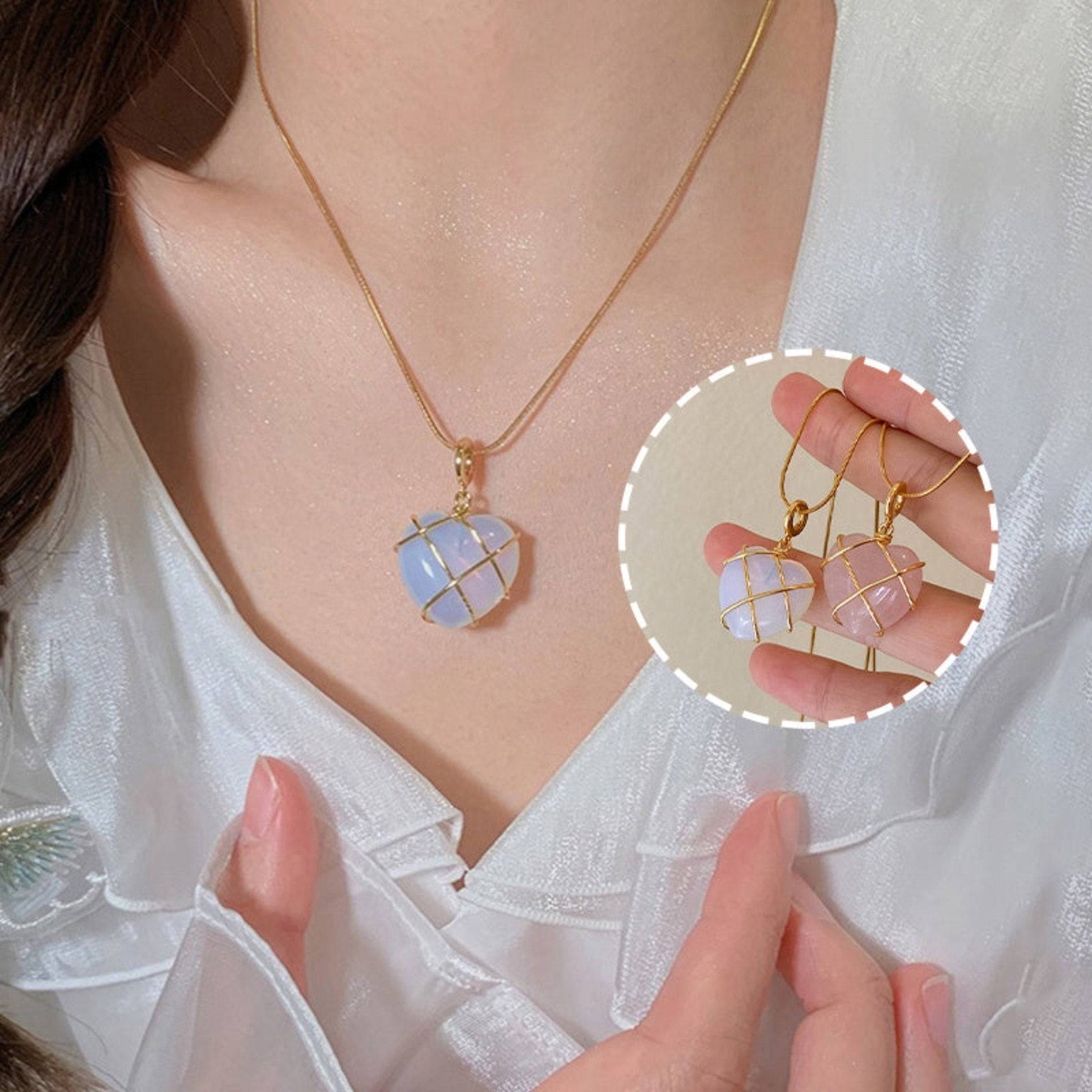 Cartoon Princess Moonstone Necklace | Heart Shaped Opal Pendant