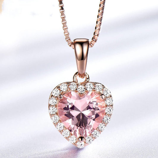 925 Sterling Pendant Womens Fashion Rose Morganite Charm Heart Pendant